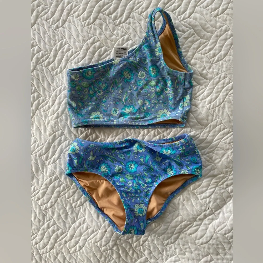 J. Crew Blue Floral One-Shoulder Kids Bikini